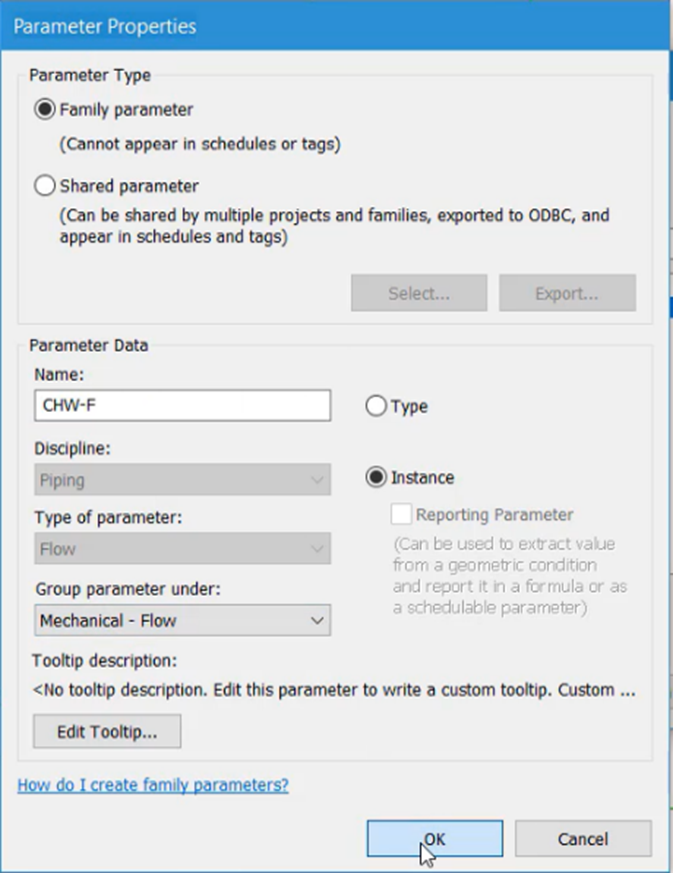 The Parameter Properties dialog box, with the settings for the new CHW-F parameter configured for this example, and with OK being selected.