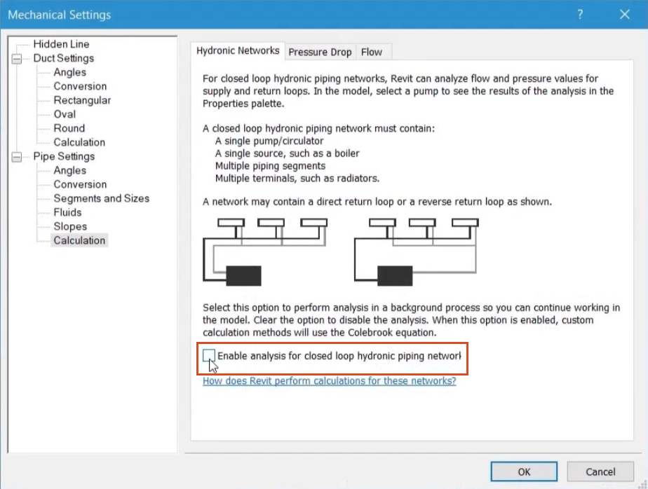 The Mechanical Settings dialog box, with the Enable analysis for closed loop hydronic piping networks option deselected.