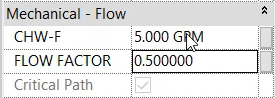 In the Properties palette, the new Flow Factor parameter set to 0.5, and a new CHW-F parameter of 5 GPM.