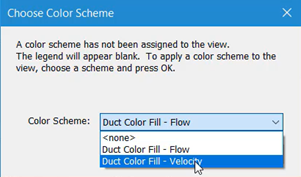 The Choose Color Scheme dialog box, with the Duct Color Fill – Velocity color scheme selected.