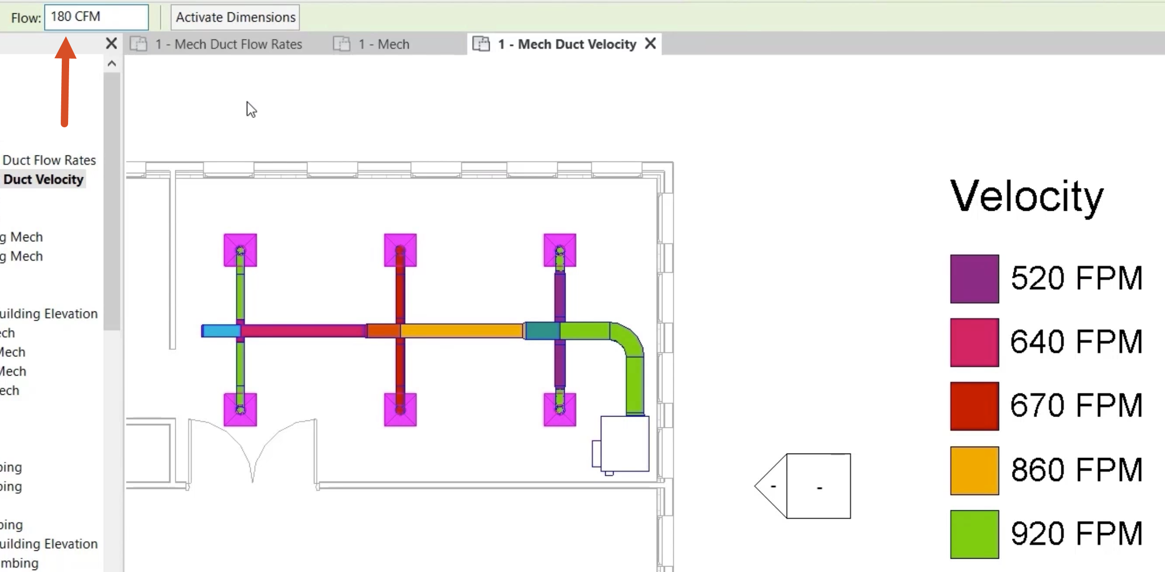 In the model view, all six air terminals are selected on the floor plan, and the changed flow rate of 180 CFM is called out with a red arrow in the Options bar. The Velocity legend is updated with new velocity values in FPM.