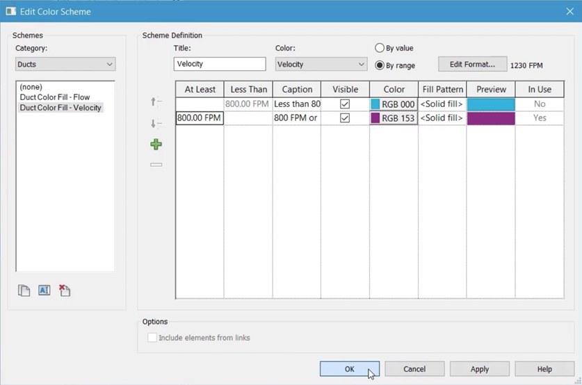 The Edit Color Scheme dialog box, with the settings reconfigured for this example to only two colors, cyan and purple, and with OK being selected.
