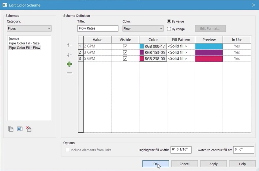 The Edit Color Scheme dialog box, with the settings configured for this example to show three colors, cyan, purple, and magenta, and with OK being selected.