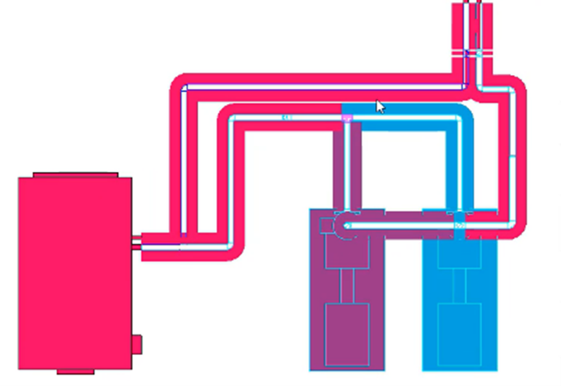 The floor plan with the color fill set to a contour and displayed on the outside of the pipes, showing as cyan, purple, and magenta, according to the new color scheme.