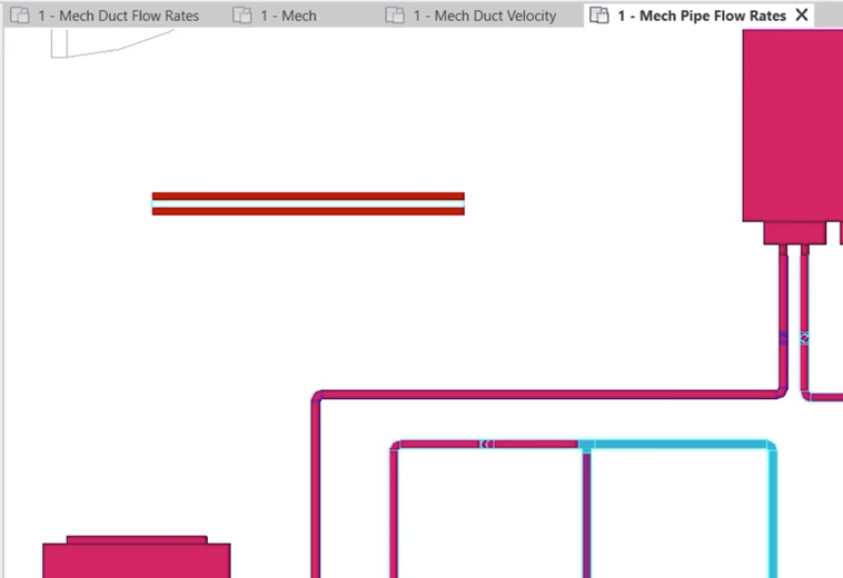 A section of pipe less than 1" in diameter drawn on the floor plan, with color displayed as a contour.