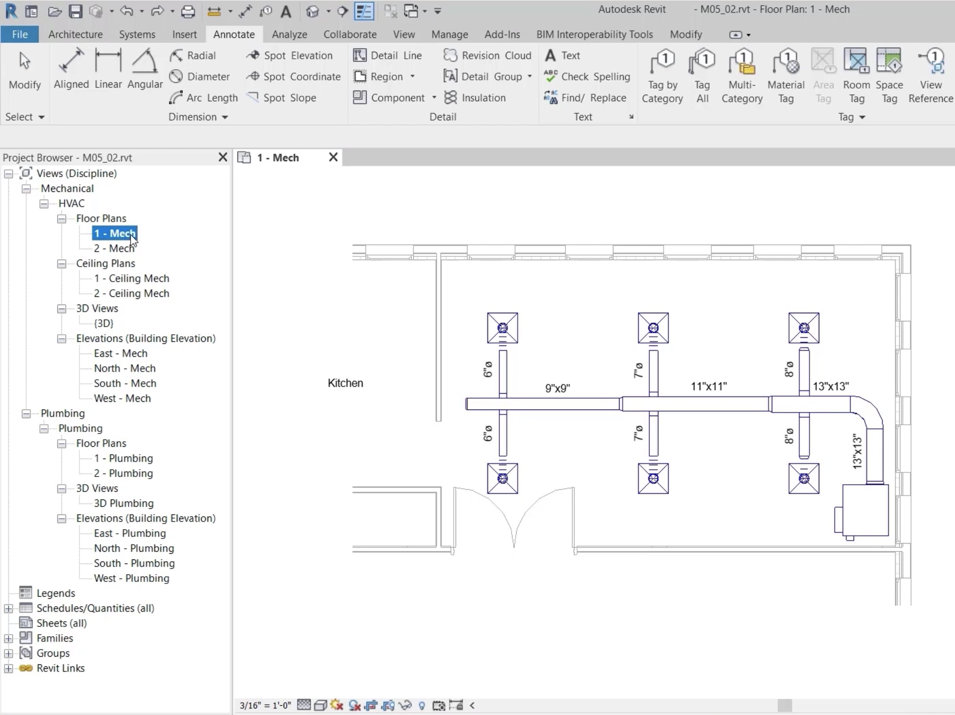 The Revit interface, with the project for this example open to the 1 – Mech floor plan view, and with the view name highlighted in the Project Browser on the left.