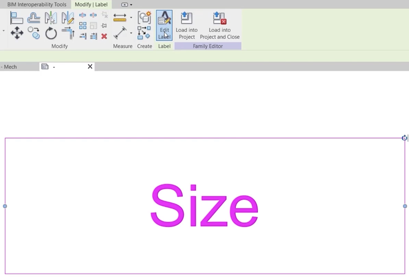 In the Family Editor, the selected label, with the word “Size” centered within a rectangle; and on the ribbon, Edit Label is selected.