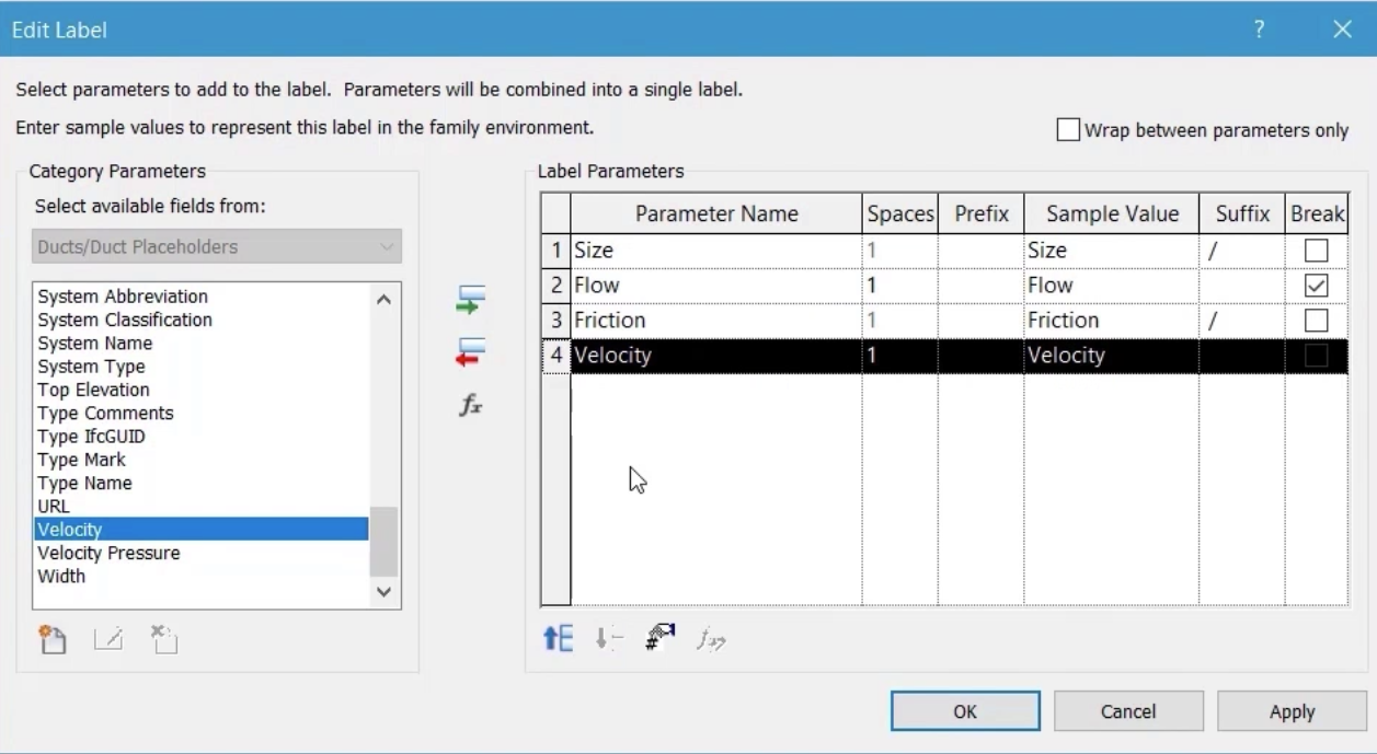 The Edit Label dialog box, with all settings configured for this example so that Size, Flow, Friction, and Velocity show in the Label Parameters table on the right.