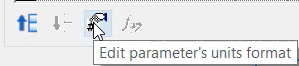 In the Edit Label dialog box, a zoomed-in view of the tools below the Label Parameters table, with the pointer selecting the Edit parameter’s units format icon, and with the tooltip displayed.