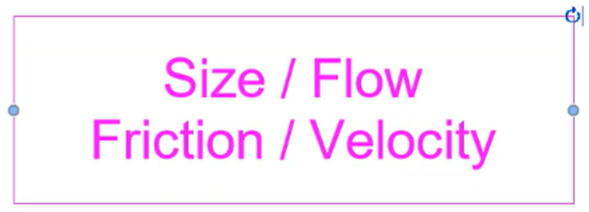 The edited label, showing Size / Flow on the top line and Friction / Velocity on the second line, all centered within a rectangle.