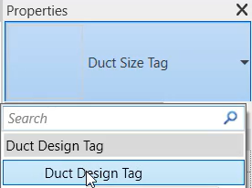 In Properties, a close-up view of the Type Selector expanded, with Duct Design Tag selected.