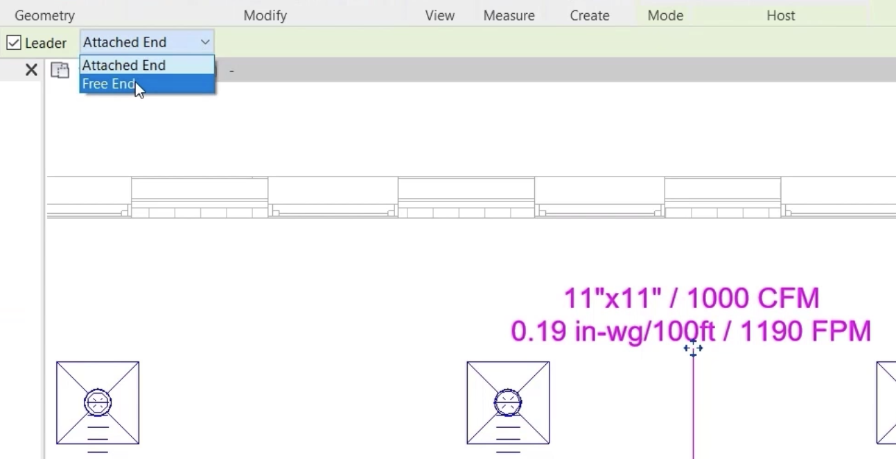 In the floor plan view, the new Duct Design Tag displayed correctly and selected, and on the Options Bar, Leader is selected, and with Free End selected in the expanded drop-down.