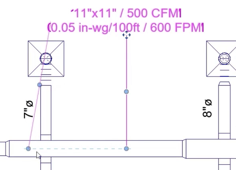 A close-up of the floor plan view, with the free end of the leader being moved along the length of the duct, and with the changed values on the tag.