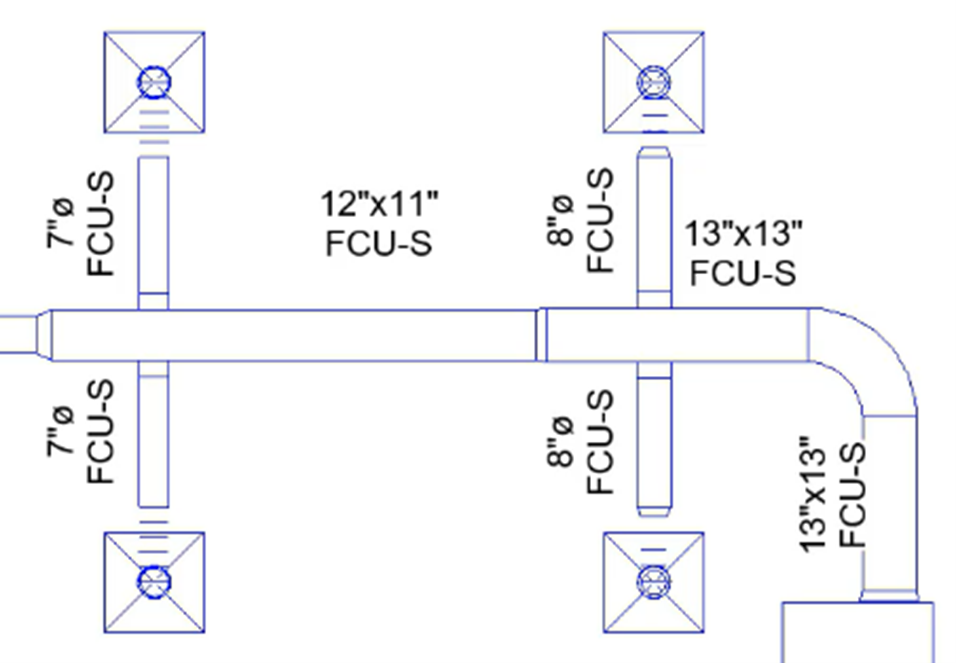In the floor plan view, the newly selected Duct Display Tag replacing all tags and showing only the duct size and system name.