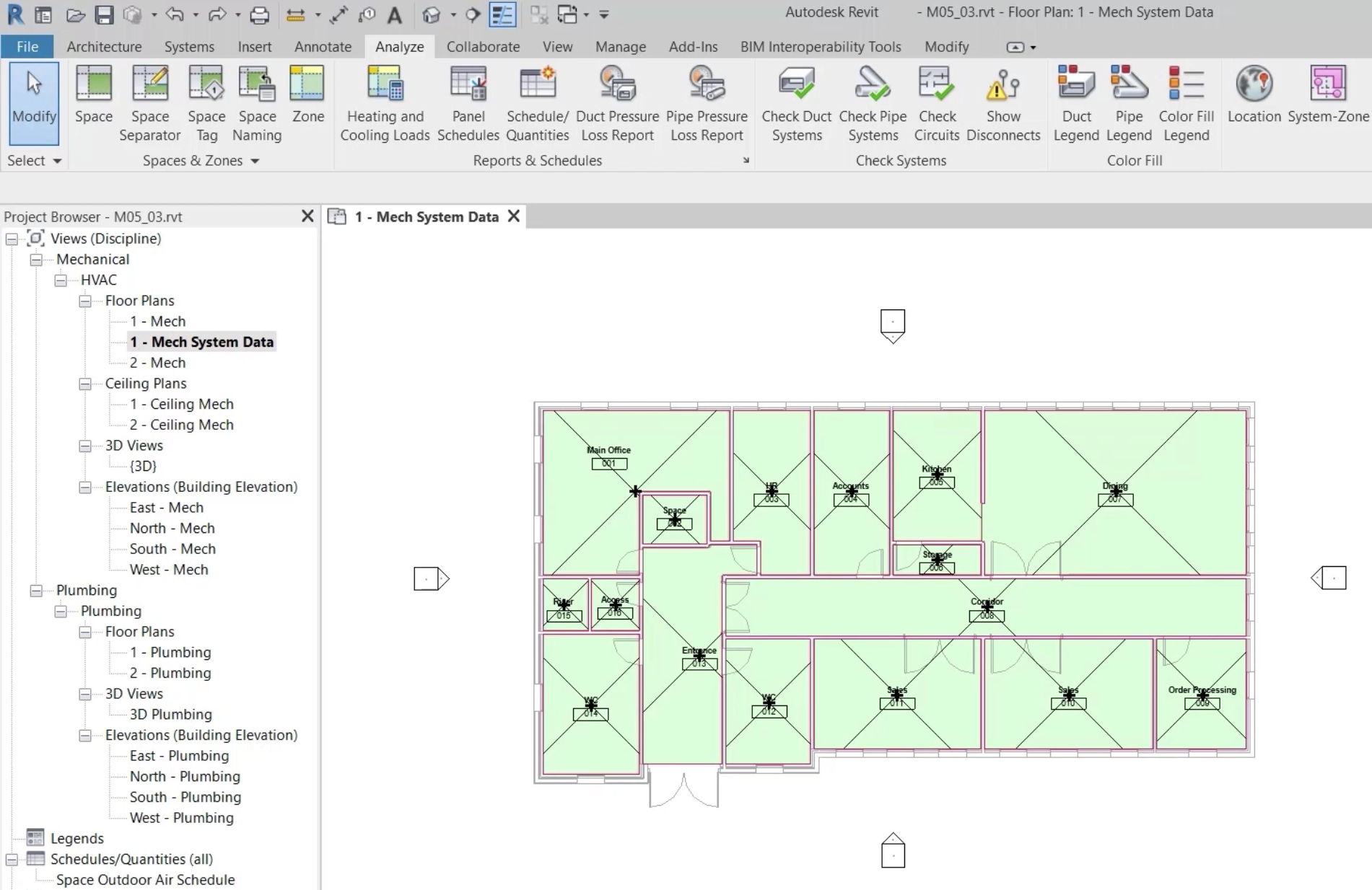 The Revit interface, with the project for this example open to the 1 – Mech System Data floor plan view, and with the view name highlighted in the Project Browser on the left.