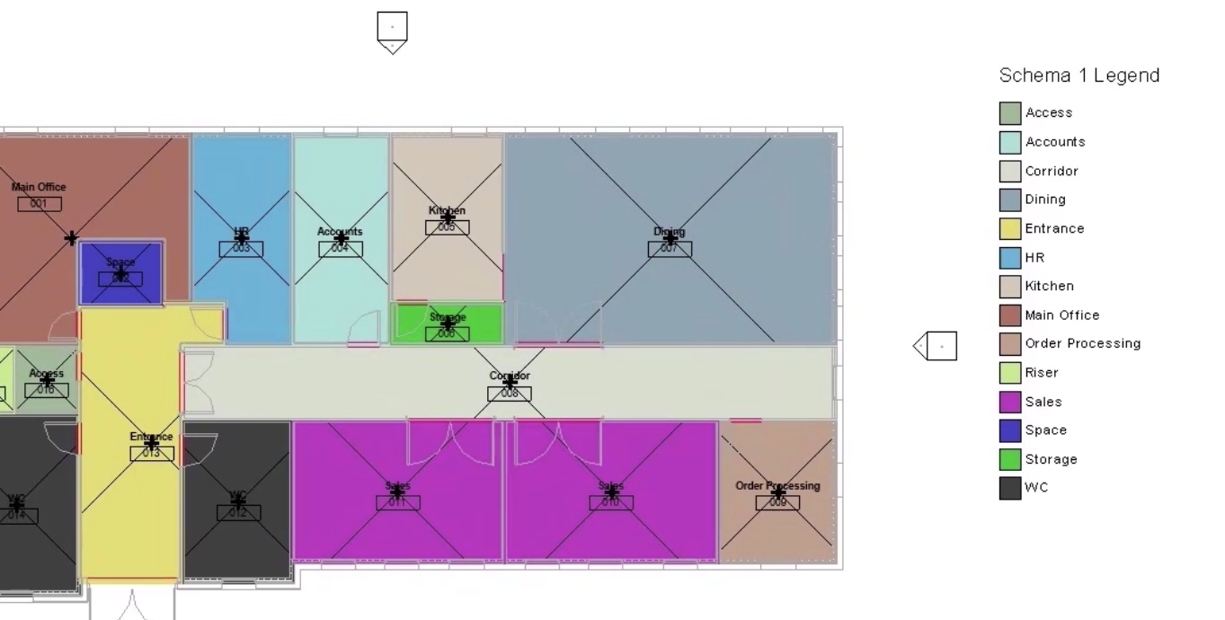 The floor plan view showing the applied default scheme, which displays the spaces in different colors, which is based on the list of space names and corresponding colors in the Schema 1 Legend.