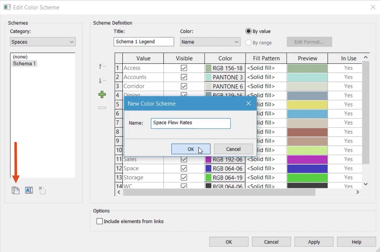 The Edit Color Scheme dialog box in the background, with the Duplicate icon called out with a red arrow; and in front, the New Color Scheme popup showing the name “Space Flow Rates” entered, and with OK being selected.