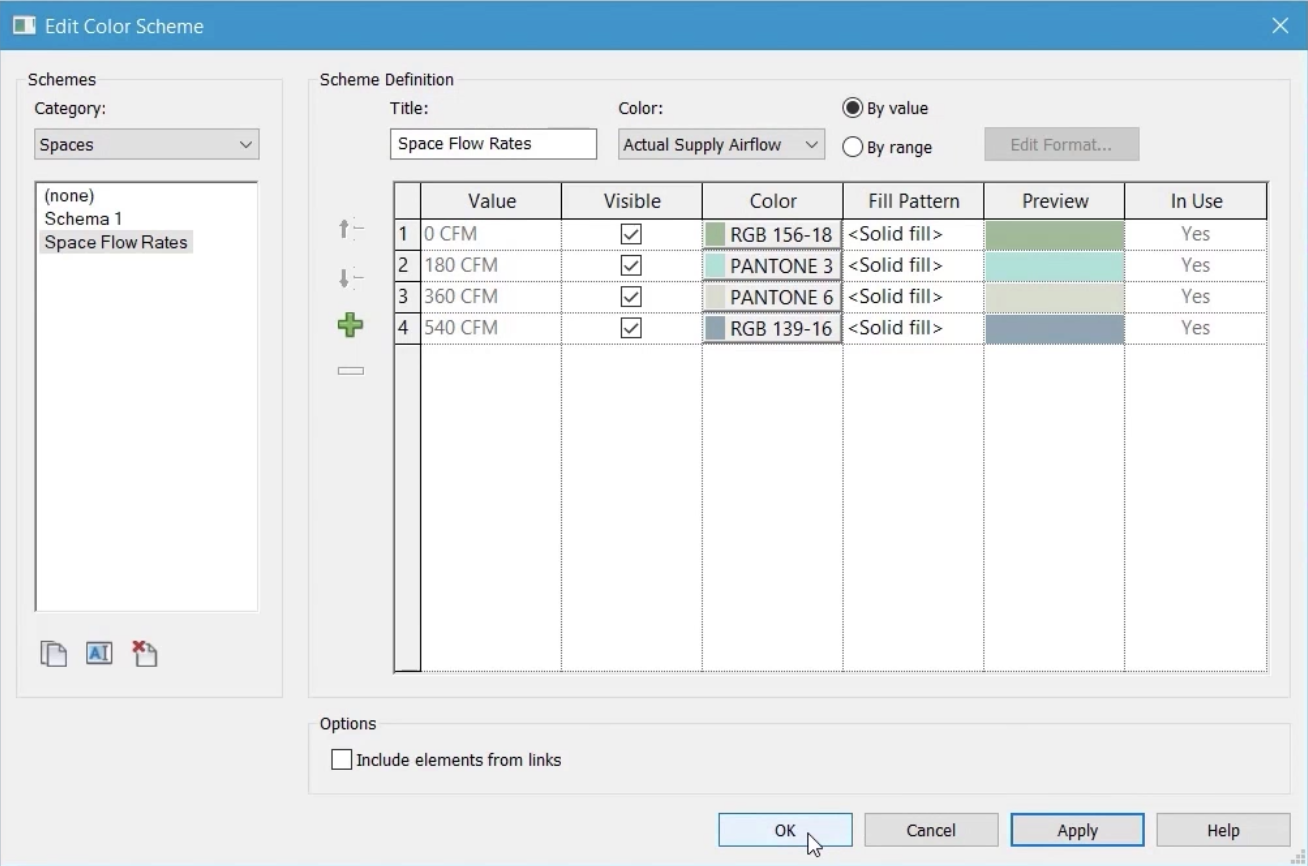 In the Edit Color Scheme dialog box, a Title of “Space Flow Rates” has been entered for the scheme; By value has been enabled; and OK is being selected.