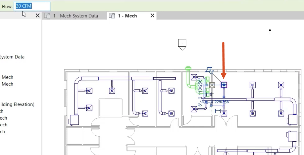 In the 1-Mech floor plan view, one of the air terminals in the Dining space is selected and called out with a red arrow, and in the Options Bar, the Flow rate of 30 CFM is highlighted.