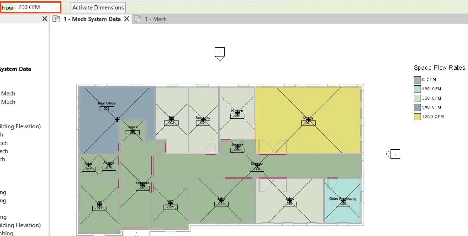 The updated floor plan and legend showing increased airflow rate to the dining space, and in the Options Bar, the updated Flow rate of 200 CFM is highlighted in red.