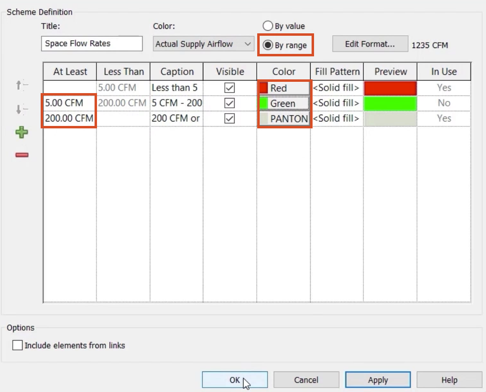 The Edit Color Scheme dialog box, Scheme Definition group, with all options configured for this example and highlighted in red, and with OK being selected.