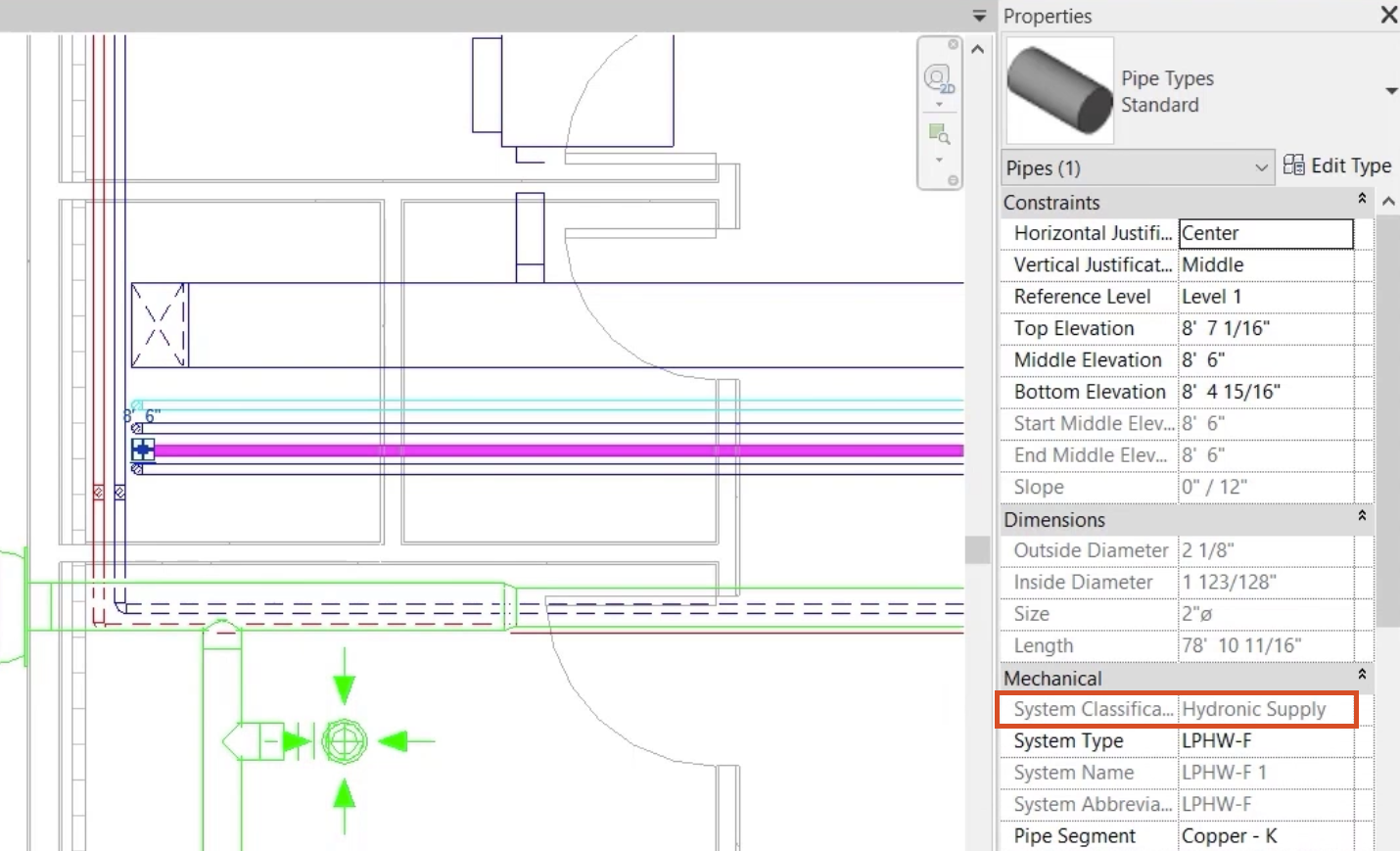In a zoomed-in view of the floor plan, a pipe is selected, and in Properties to the right, the System Classification of Hydronic Supply is highlighted in red.