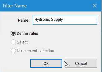 In the Filter Name dialog box, the name “Hydronic Supply” is entered for the new filter.
