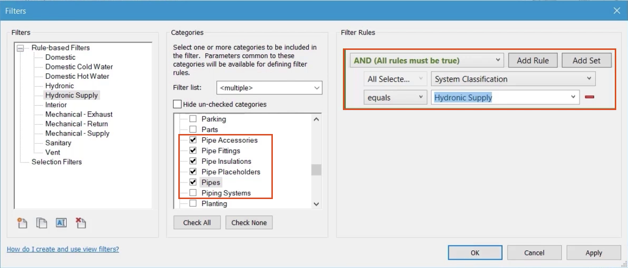 The Filters dialog box, with all options configured for this example and highlighted in red under the Categories and Filter Rules groups.