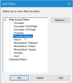 The Add Filters dialog box, with the new Hydronic Supply filter selected.