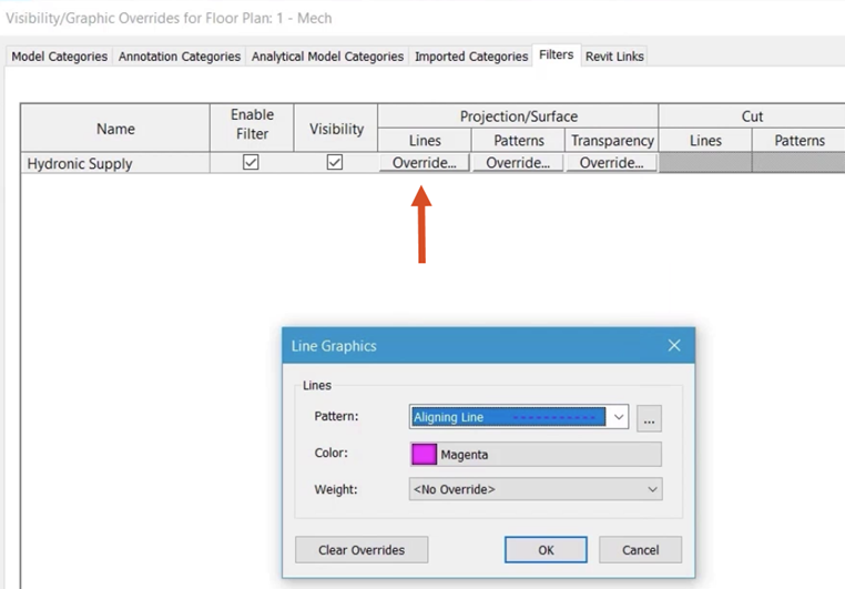 In the background is the Visibility/Graphics dialog box, Lines column, where Override is called out with a red arrow; and in the Line Graphics dialog box in front, the Pattern and Color have been selected for the new filter.