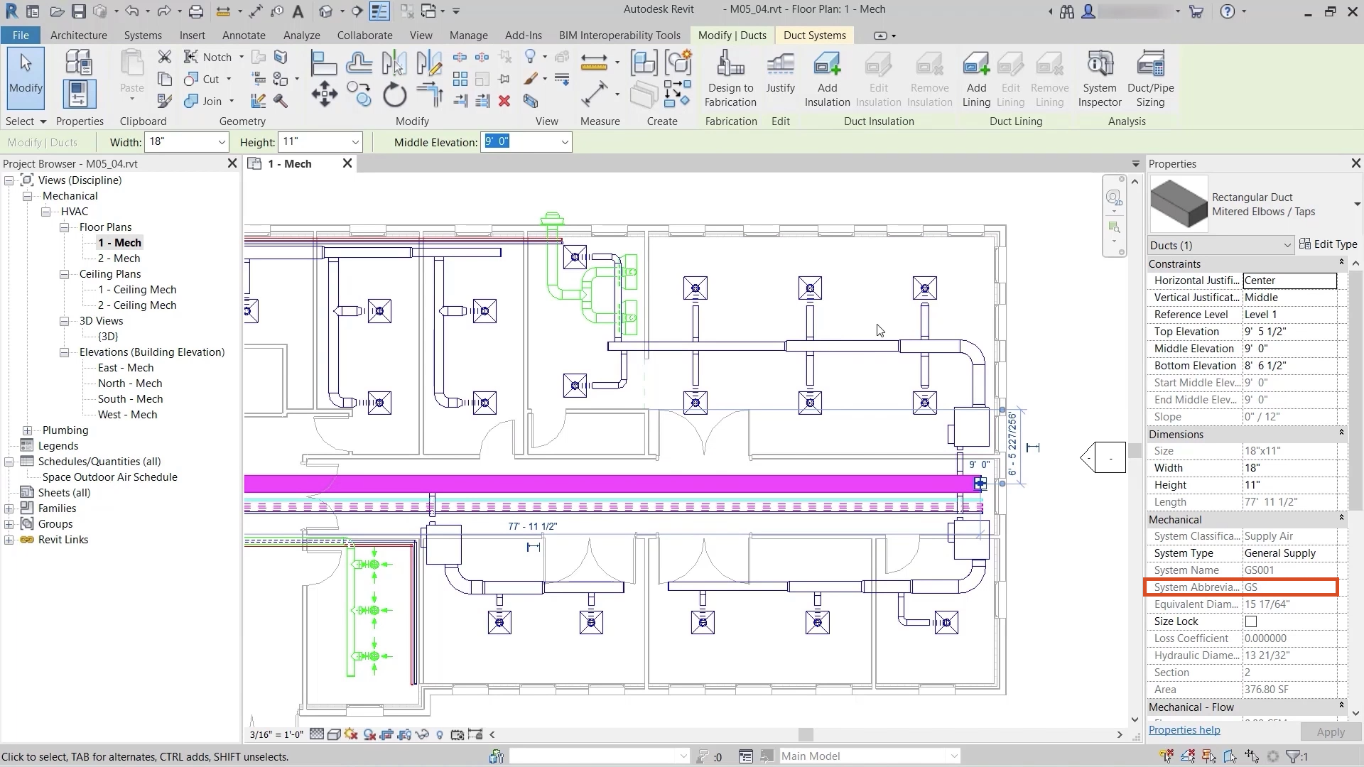 The Revit project for this example open to the HVAC floor plan view, with the main run of duct in the corridor selected, and to the right in Properties, the System Abbreviation is highlighted in red.