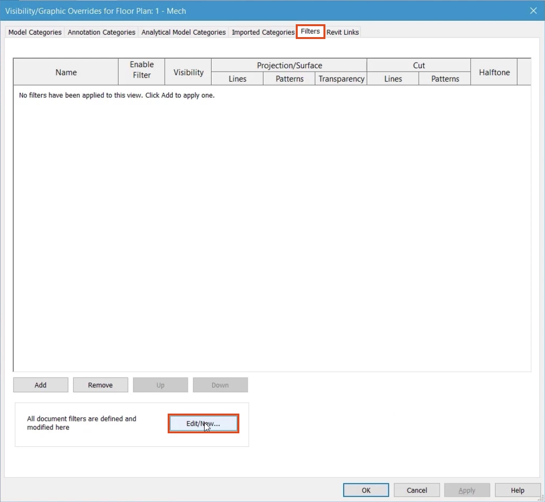 The Visibility/Graphics Overrides dialog box, open to the Filters tab, with the Edit/New button selected and highlighted in red.