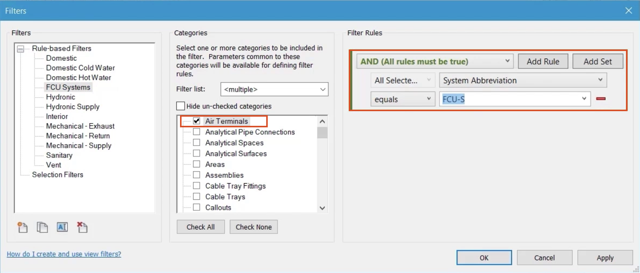 The Filters dialog box, with all options configured for the new FCU Systems filter and highlighted in red under the Categories and Filter Rules groups.