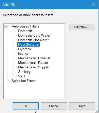 The Add Filters dialog box, with the new FCU Systems filter selected.