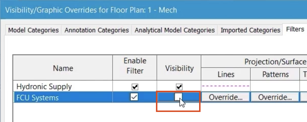 The Visibility/Graphics Overrides dialog box, with the Visibility option deselected for the new FCU Systems filter.