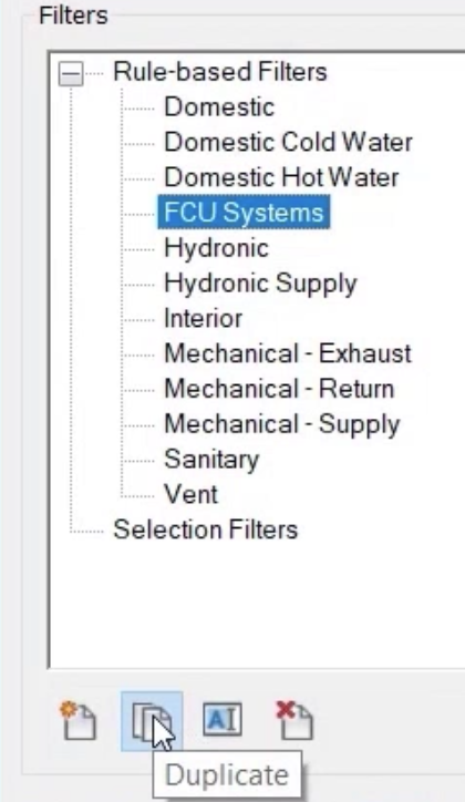 A portion of the Visibility/Graphic Overrides dialog box, showing the Filters list with the FCU Systems filter highlighted, and below in the tools, the Duplicate icon is being selected.