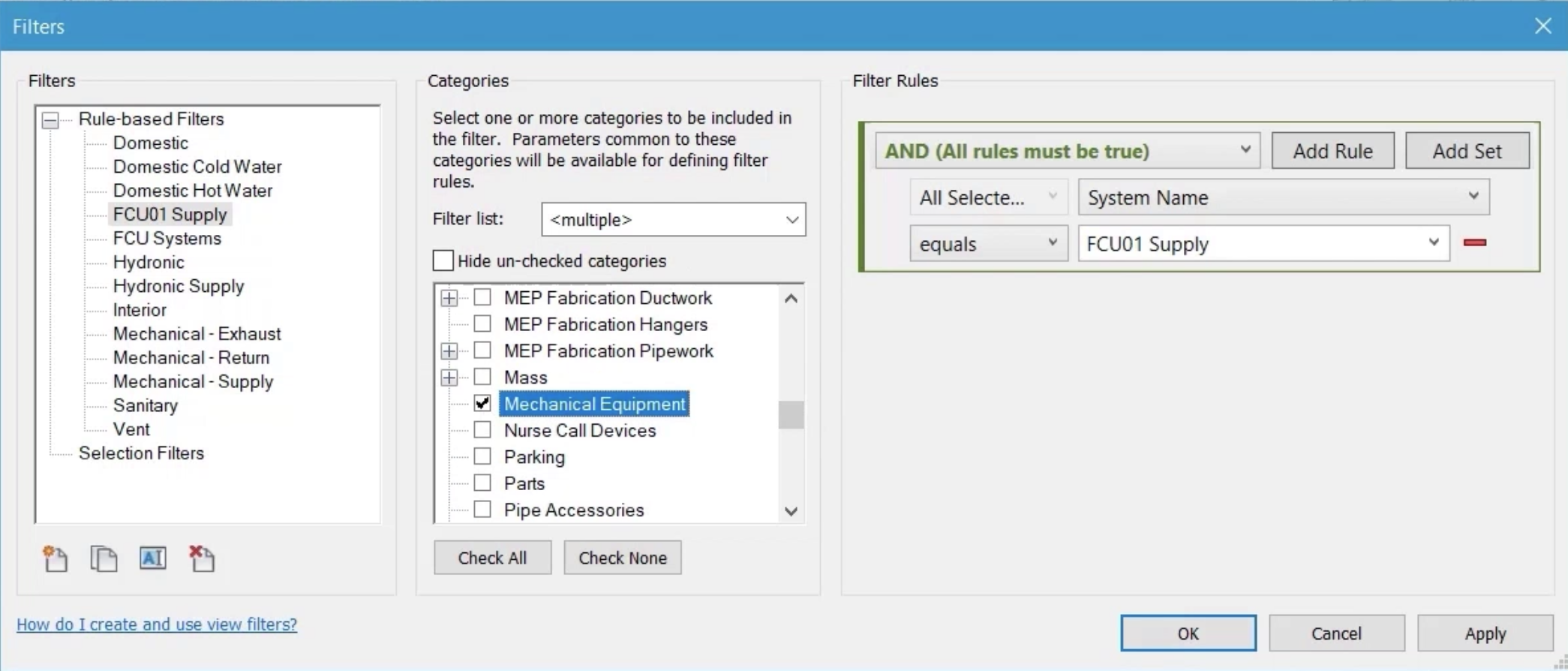 The Filters dialog box, with all options configured for the FCU01 Supply filter in this example.