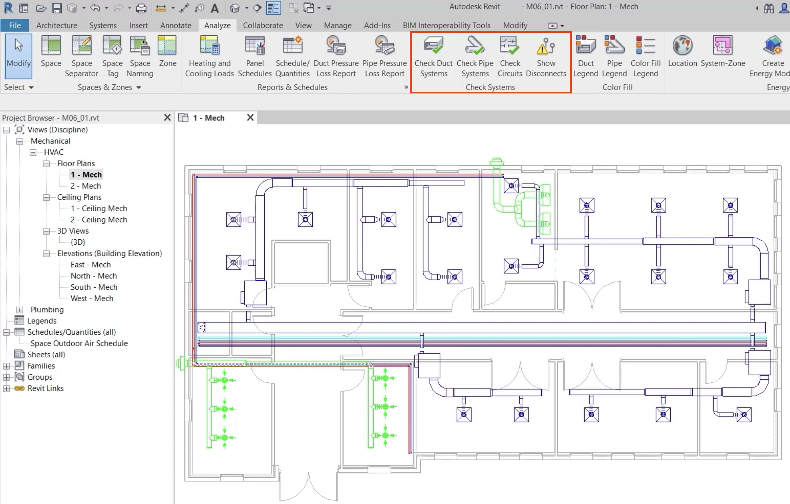 The Revit interface, with the Project Browser and model for this example opened to the HVAC floor plan view; and on the Analyze tab of the ribbon, the Check Systems panel of tools is highlighted in red.