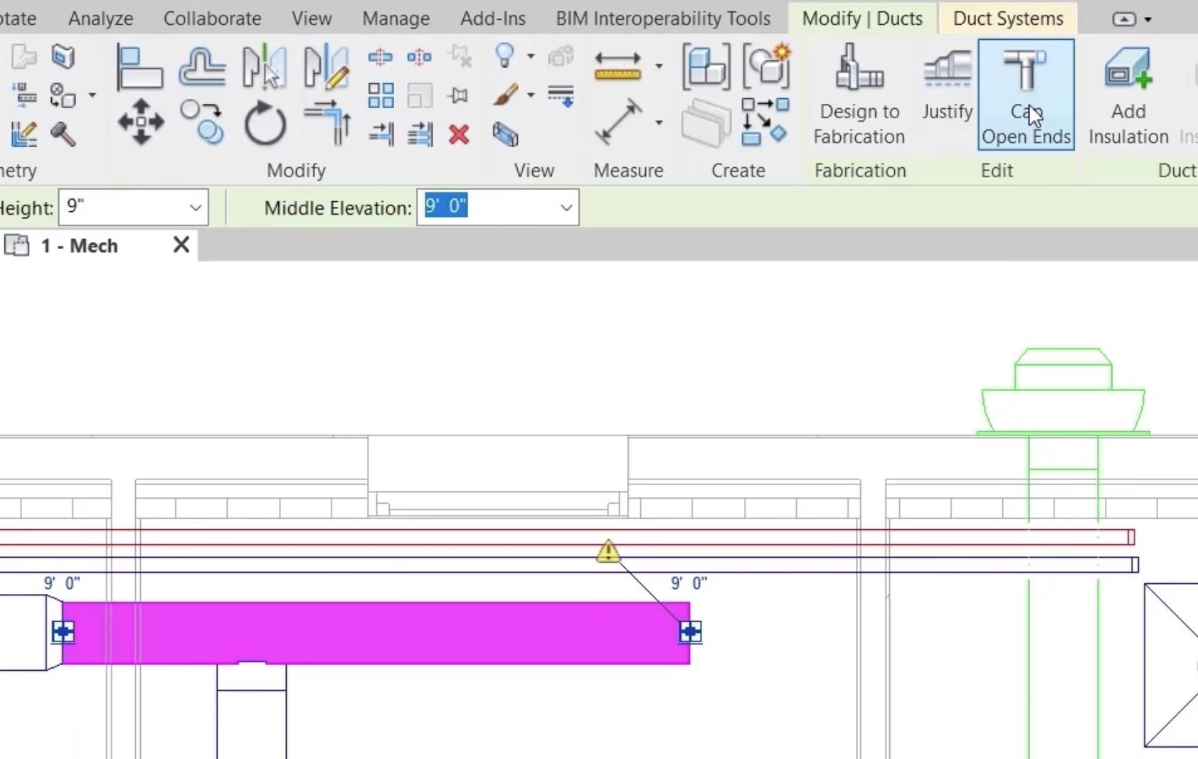 In the zoomed-in floor plan view, a section of duct is selected where a disconnect is indicated by a yellow triangle, and on the ribbon, Cap Open Ends is being selected.