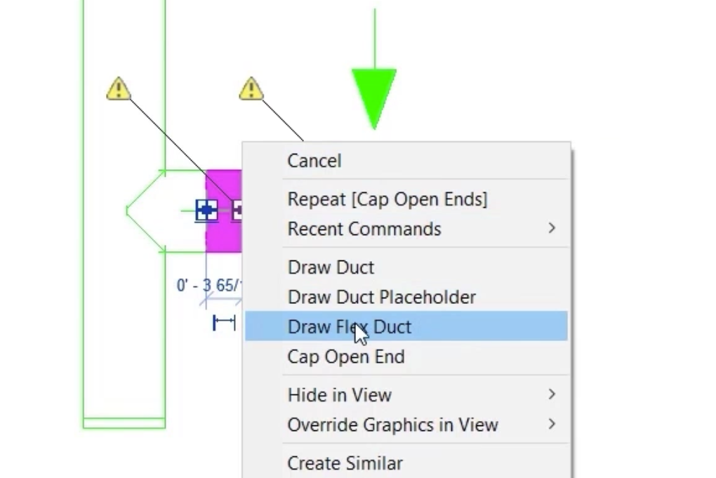 A portion of the model view showing the area next to the air terminal, with a section of duct selected where a disconnect is indicated by a yellow triangle, and in the expanded shortcut menu, Draw Flex Duct is being selected.