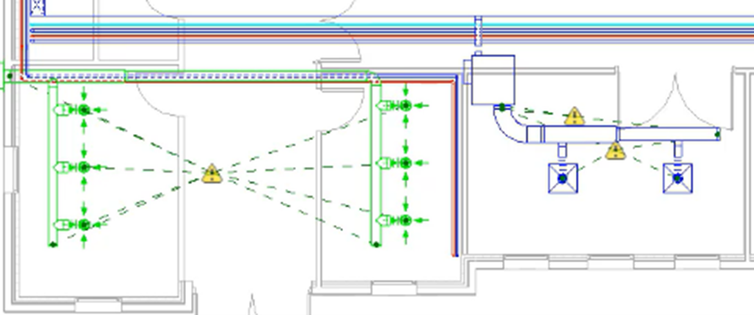 In the floor plan view, three issues are identified by yellow warning triangles.