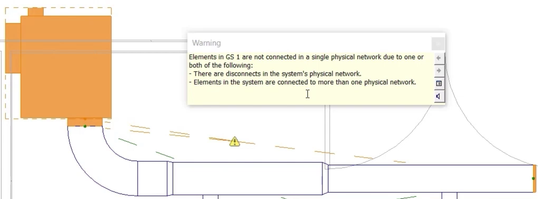 In a zoomed-in view of the supply system, the warning message for the second triangle indicates that elements in the system are not connected in a single physical network.