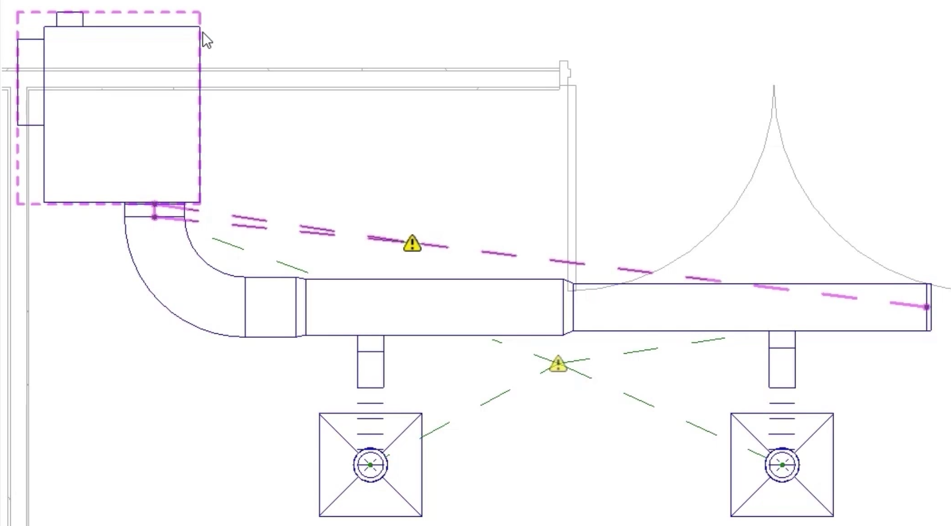 In the supply system, the VAV unit and system are selected and highlighted with dotted magenta lines.