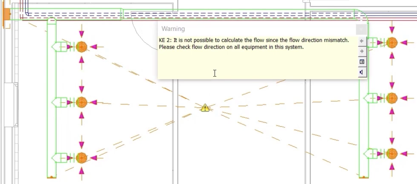 A zoomed-in view of the ventilation system, with a warning message indicating a flow direction mismatch.