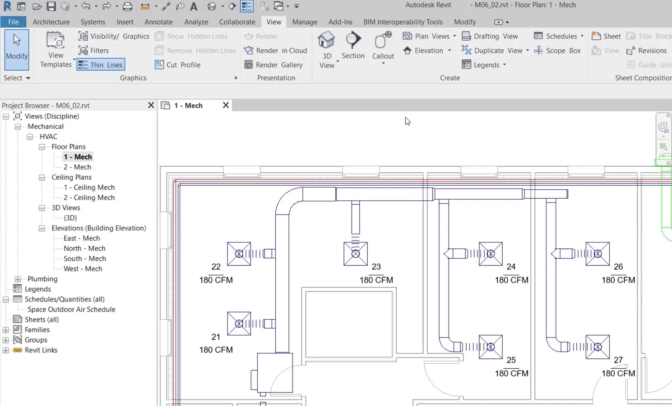 The Revit interface, with the project for this example open to the HVAC floor plan view.