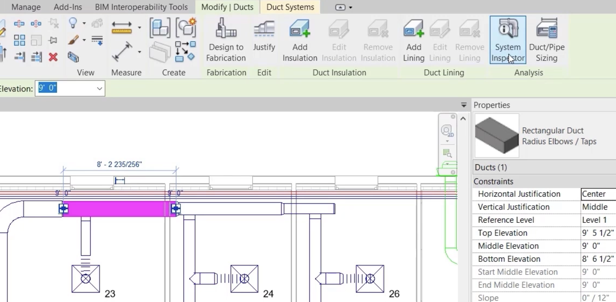 In the floor plan view, a section of duct from the supply system is selected, and on the Duct Systems contextual ribbon tab, in the Analysis panel, System Inspector is selected.