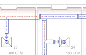 In the floor plan view, red arrows to air terminal 24 indicate the critical path for this system.