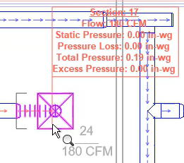 In the floor plan view, the pointer hovering over air terminal 24 to display a range of information in red in a text box, including an Excess Pressure value of zero.