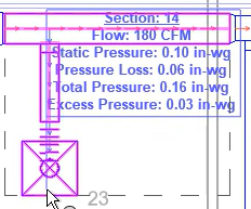 In the floor plan view, the pointer hovering over air terminal 23 to display an Excess Pressure value that is greater than zero, this time in a blue text box.
