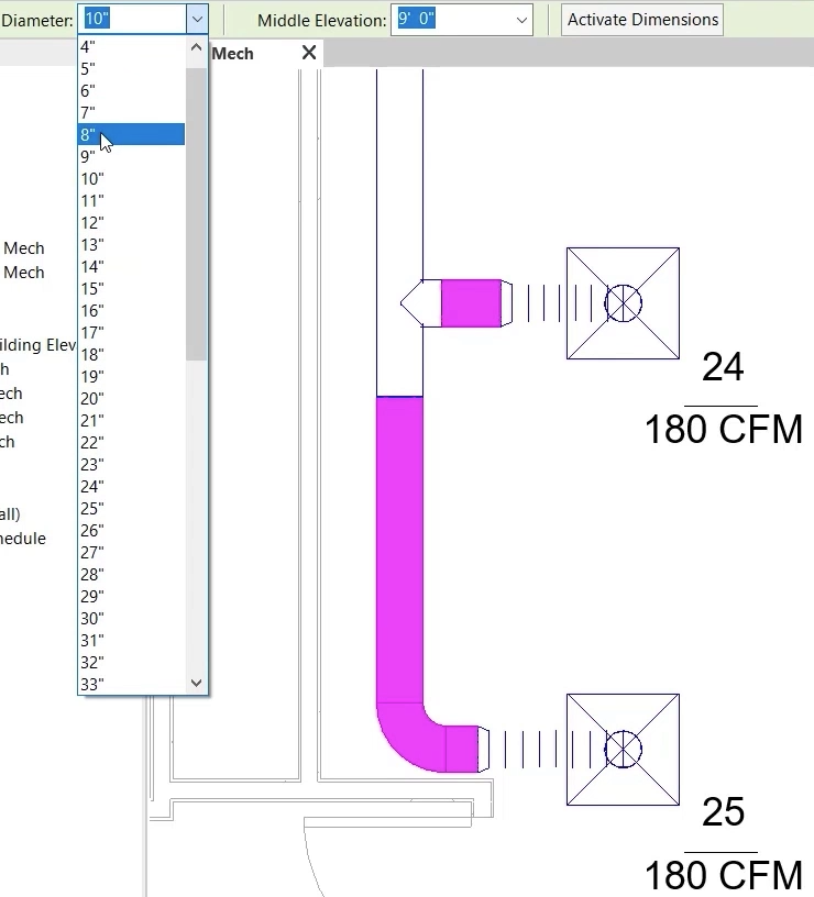 In the floor plan view, the ducts to air terminals 24 and 25 have been selected, and on the Options Bar, in the Diameter drop-down, 8 inches is being selected.